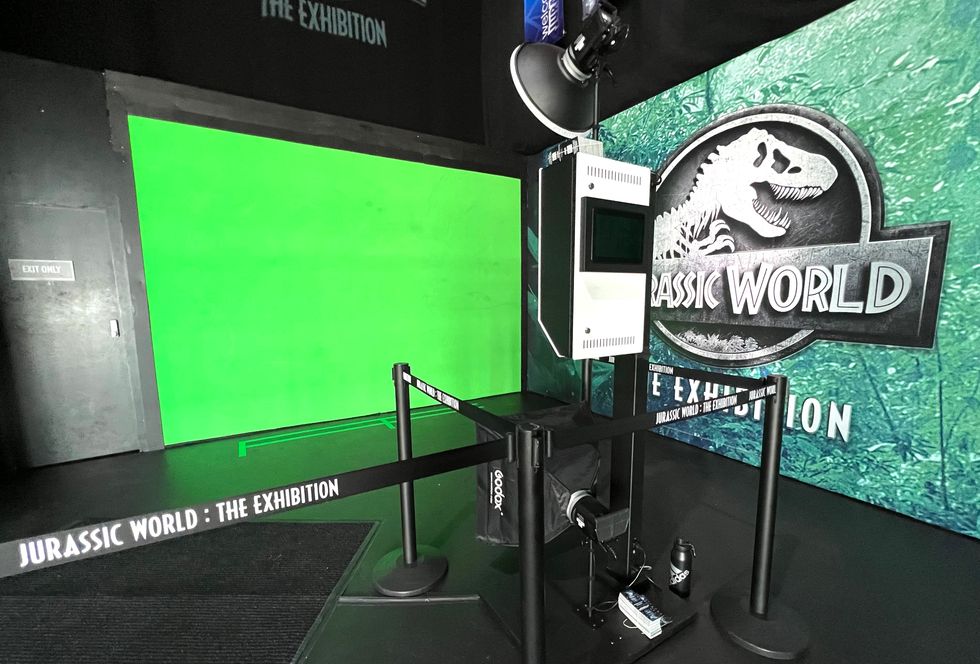 Green screen booth at Jurassic World: The Exhibition entrance.