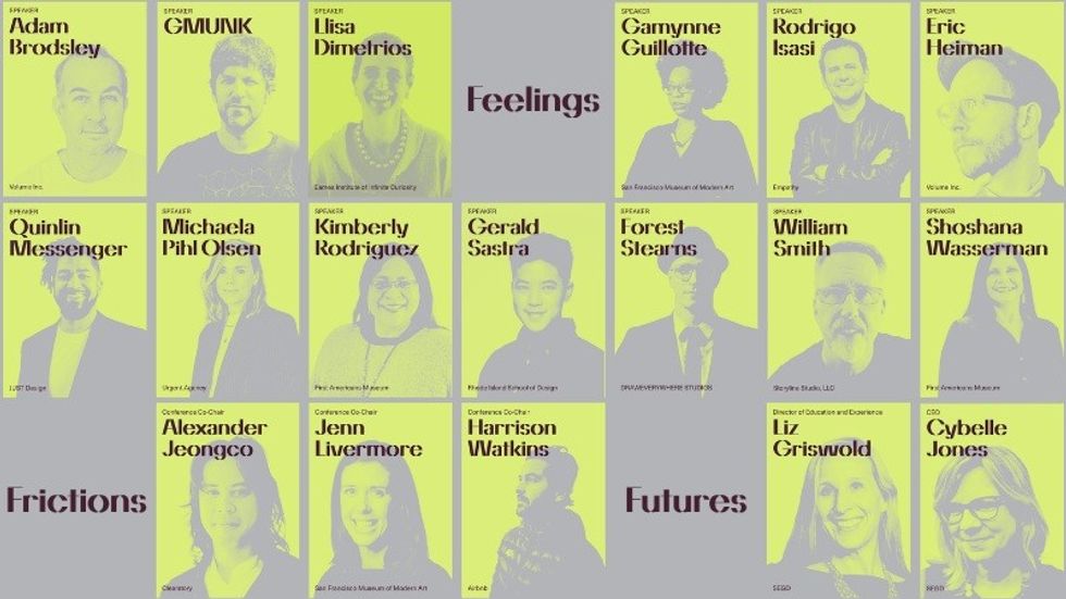Grid layout featuring portraits of diverse speakers with titles "Feelings," "Futures," and "Friction."