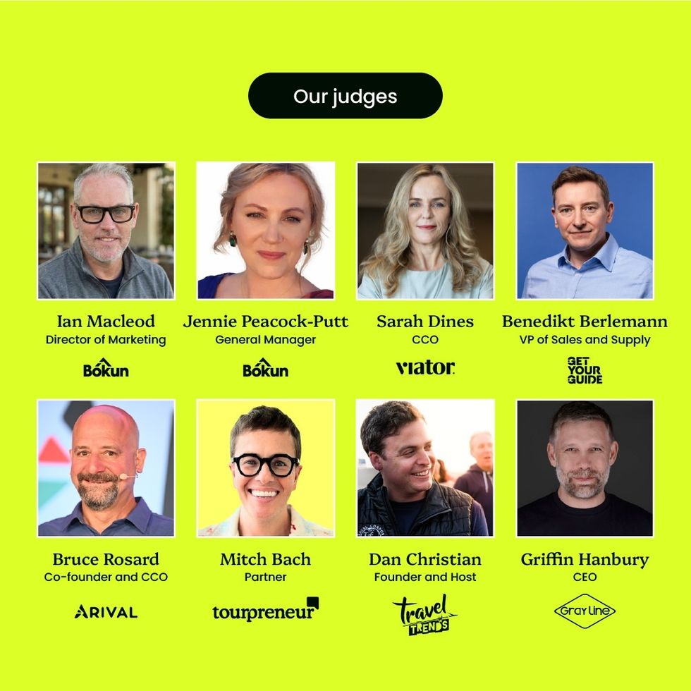 Grid of eight judges with names, titles, and company logos on a bright yellow background.