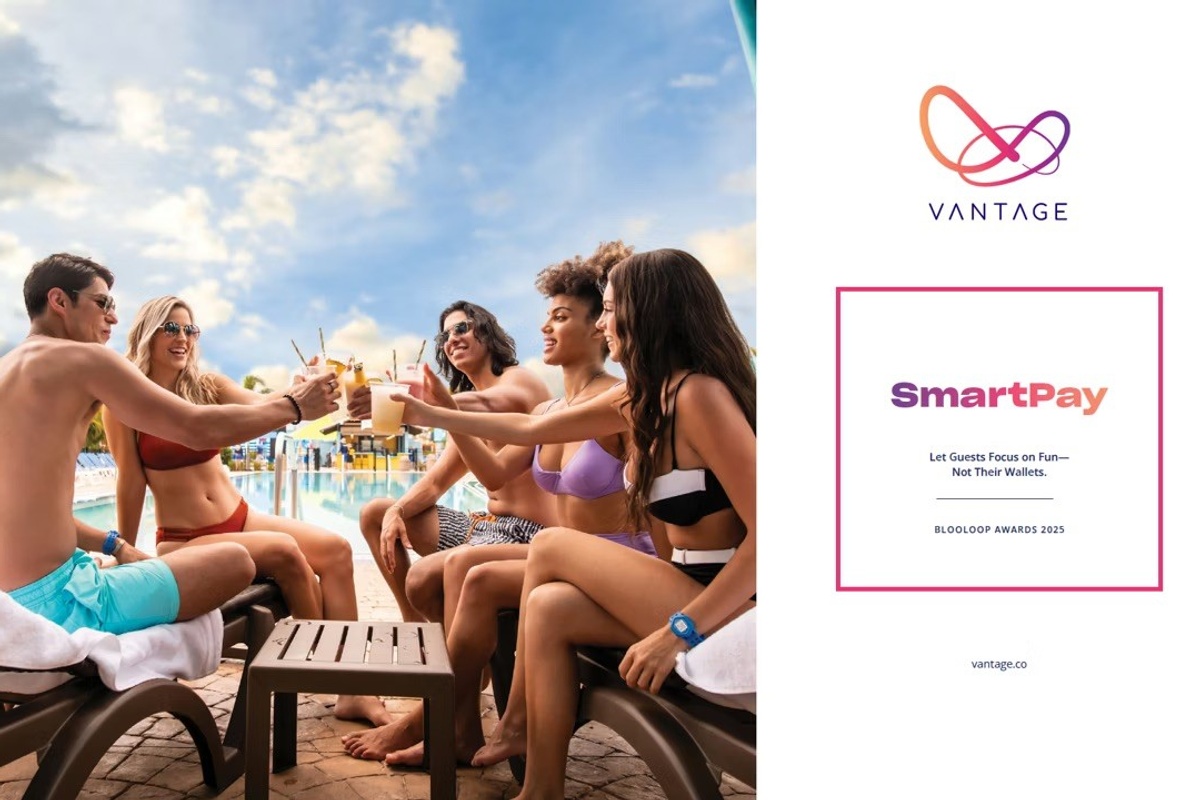 Group of friends toasting with drinks by a pool; SmartPay logo on right.