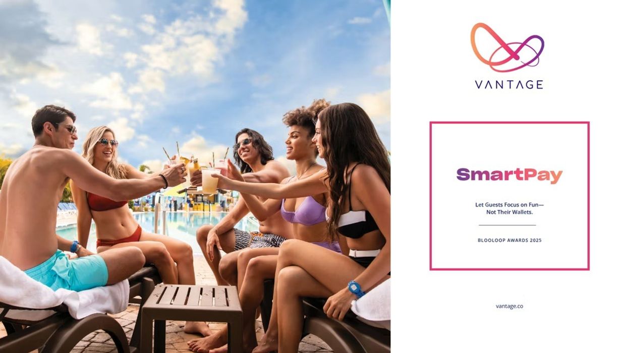 Group of friends toasting with drinks by a pool; SmartPay logo on right.