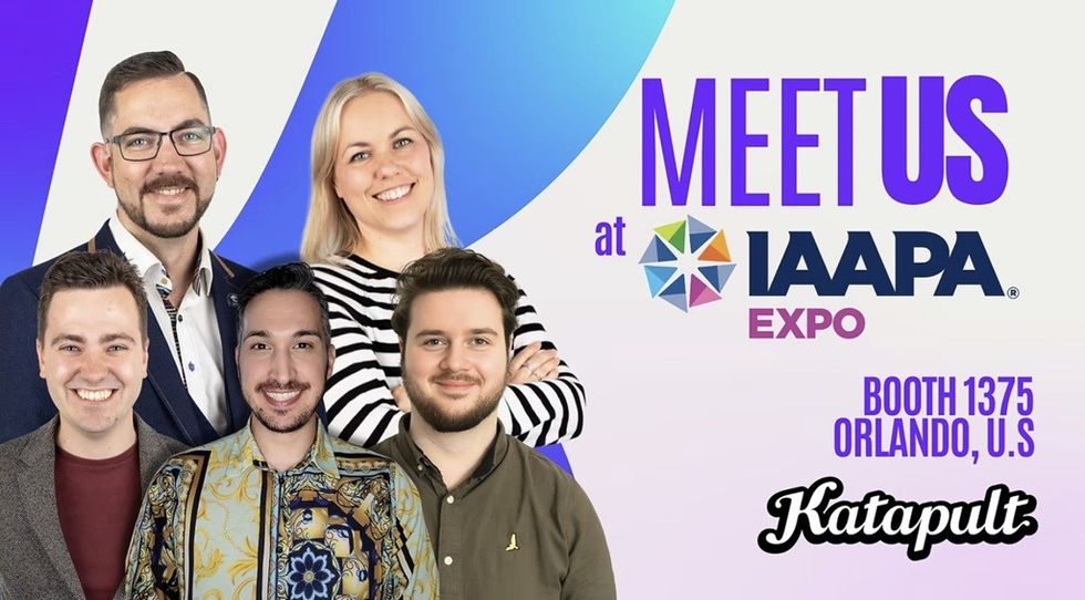 Group photo with "Meet Us at IAAPA Expo, Booth 1375, Orlando, U.S," and Katapult logo.