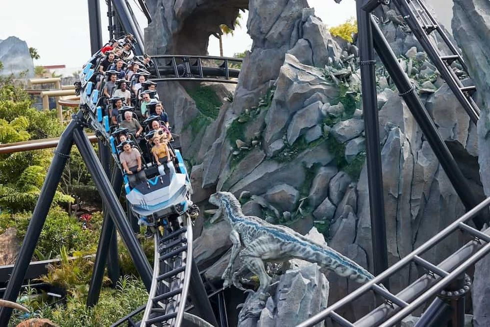 Guests riding on the VelociCoaster at Universal Studio's Island of Adventure