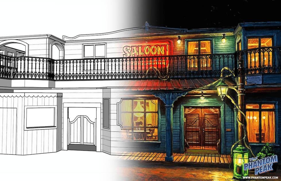 Half-colored, half-drawn saloon facade with vibrant lighting and ornate details.