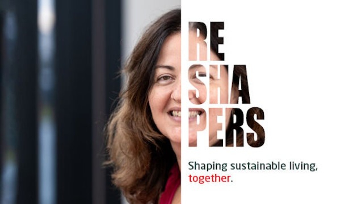 Half-portrait of a woman with "RESHAPERS" text, promoting sustainable living.