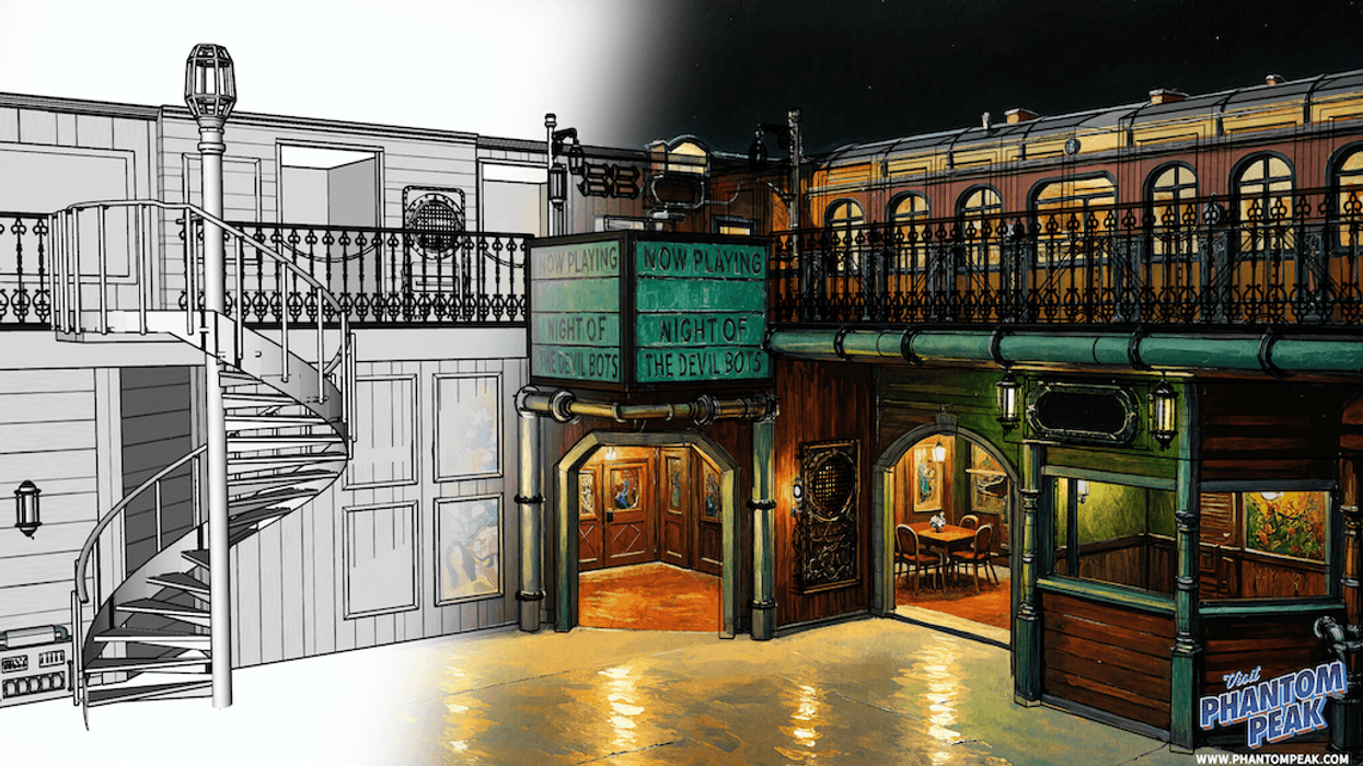 Half-sketched, half-colored building with spiral stairs and sign "Night of the Devil Bots", rendering for Phantom Peak new venue