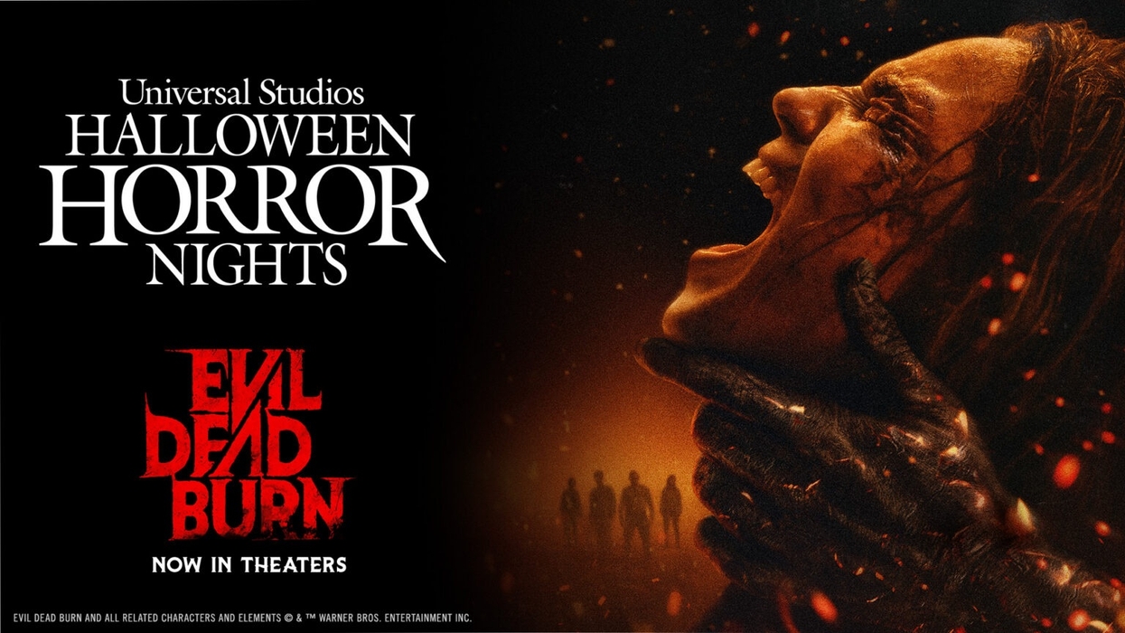 Halloween Horror Nights poster: Screaming face, hand clutching neck, fiery glow.