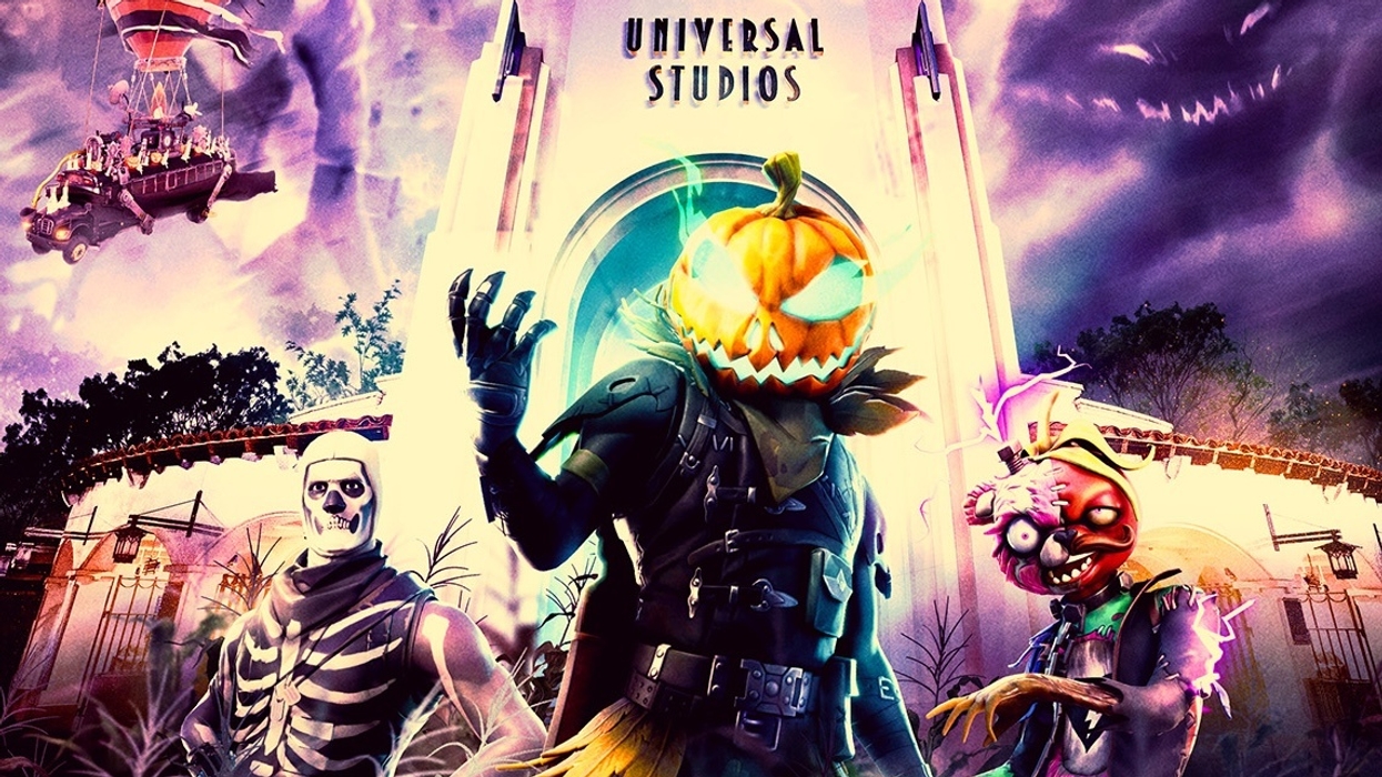 Halloween-themed Fortnite characters outside Universal Studios in a spooky, vibrant scene.