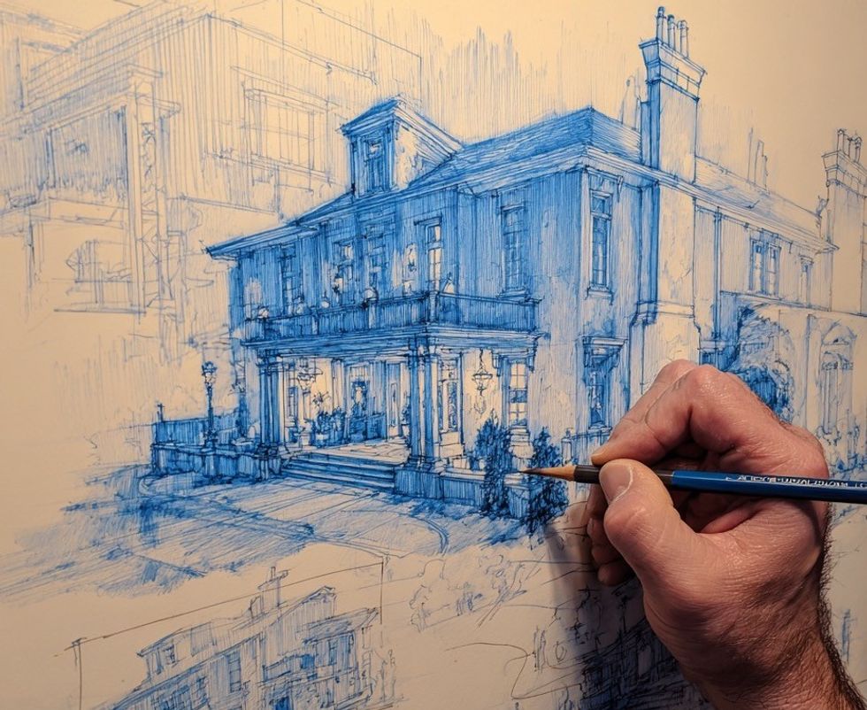 Hand drawing an intricate blue sketch of a classic two-story house.