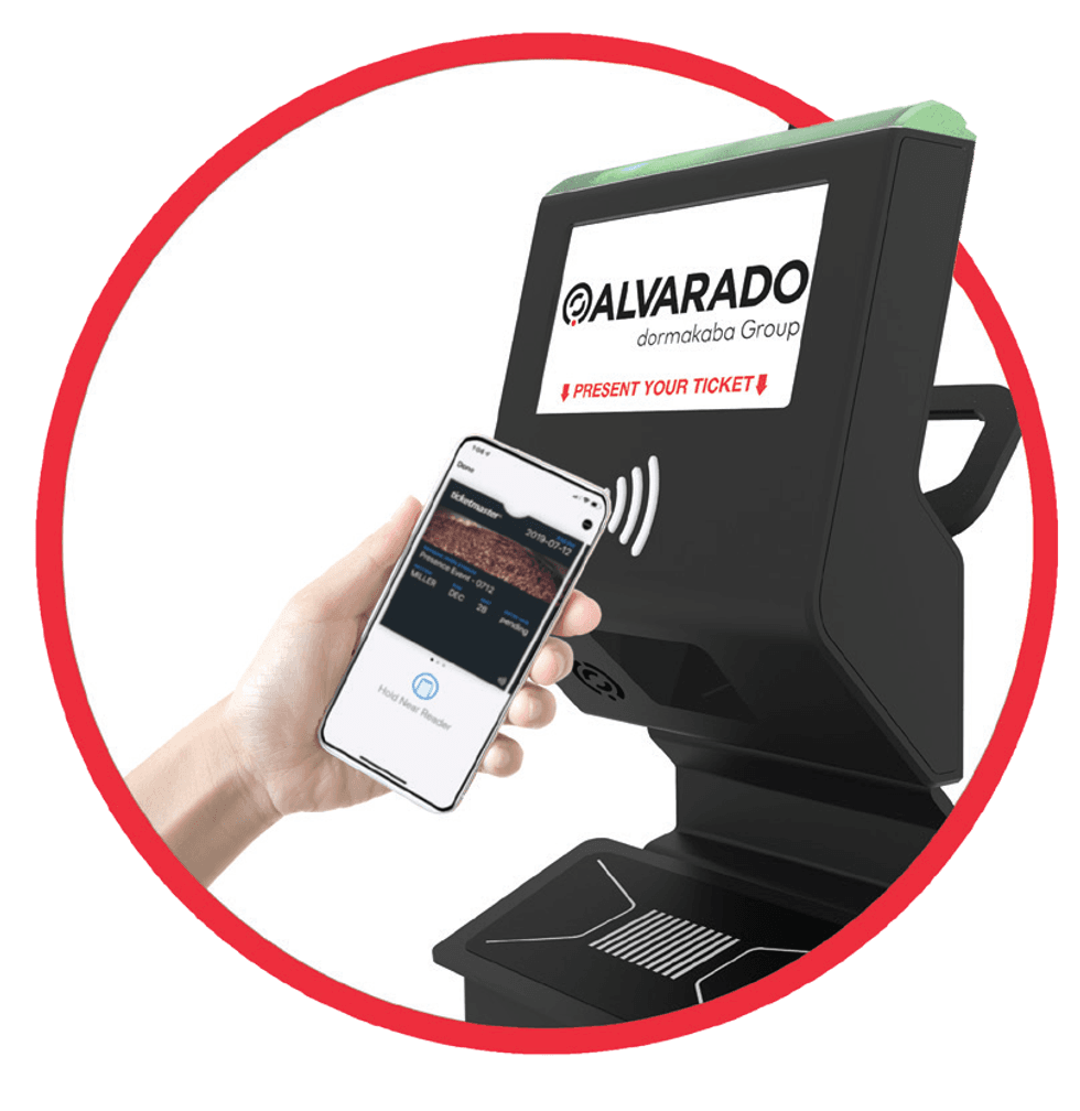 Hand holding phone near ticket scanner with "PRESENT YOUR TICKET" screen.