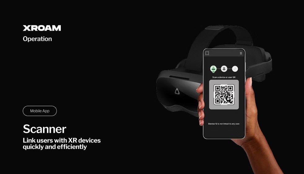Hand holding phone showing QR code, VR headset in background, "Scanner" text displayed.
