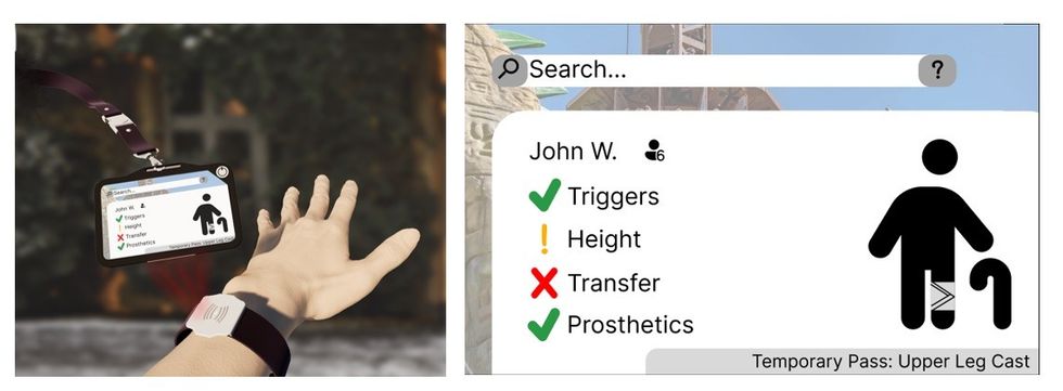 Hand with wristband holding an accessibility card for John W. with various status indicators, a demo of the AccessPro system