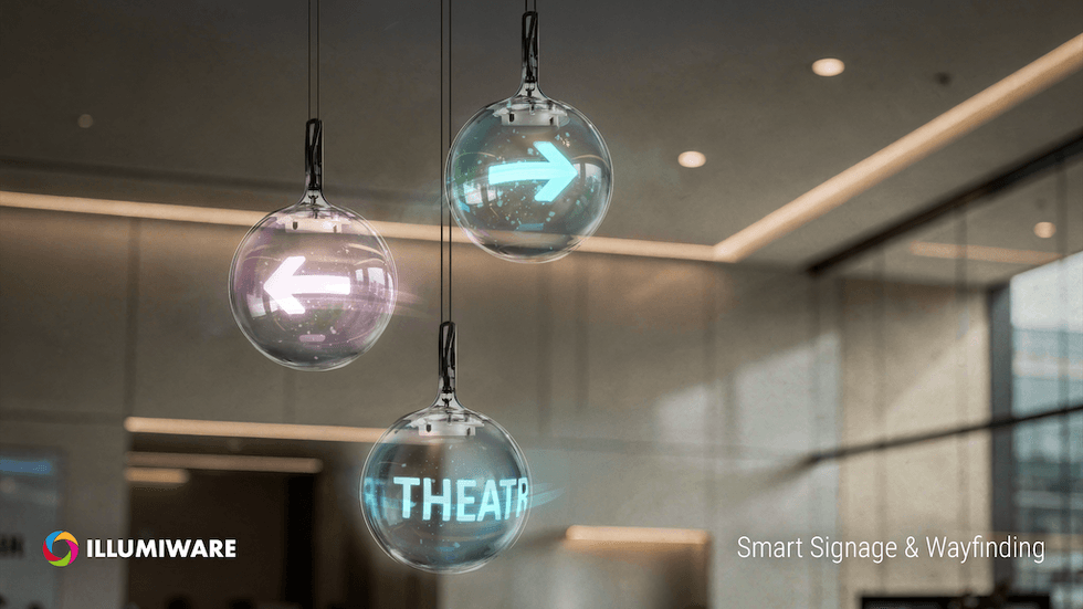 Hanging glass orbs displaying directional arrows and the word "Theatre".