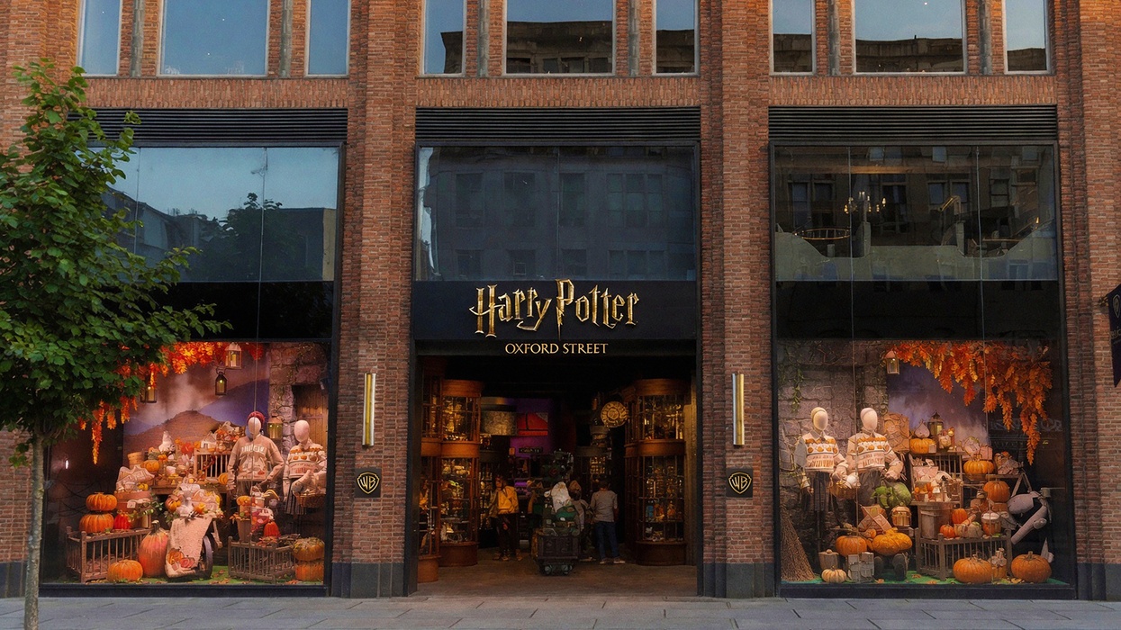 Harry Potter store on Oxford Street with autumn-themed displays and pumpkins.