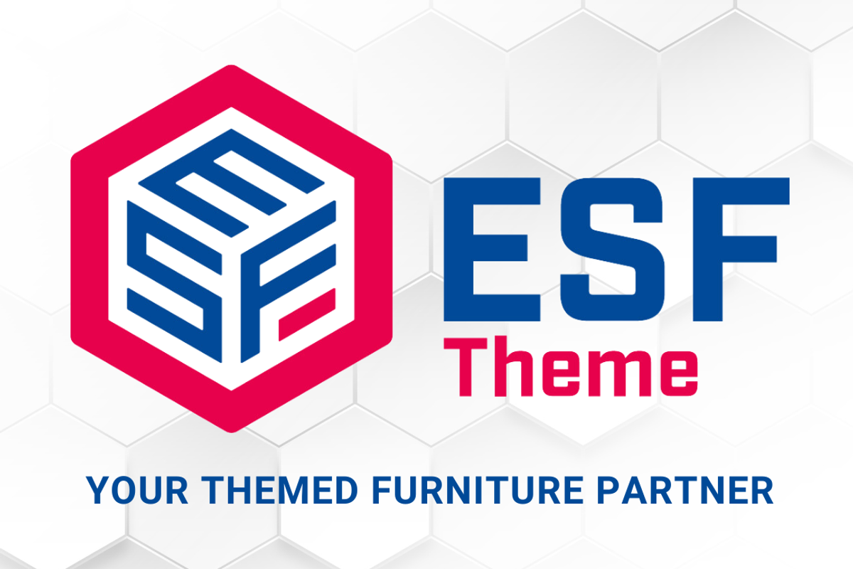Hexagonal logo with "ESF Theme" and "Your Themed Furniture Partner" text.