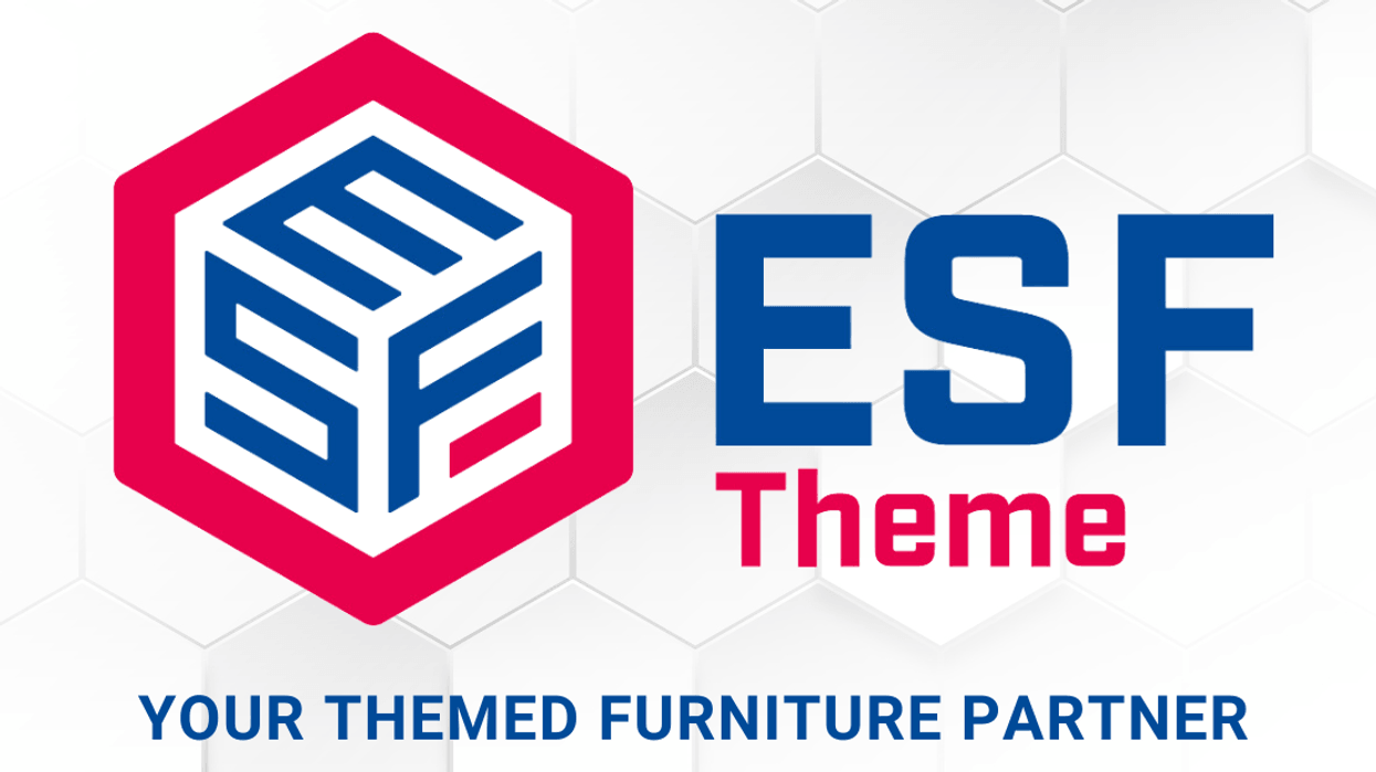 Hexagonal logo with "ESF Theme" and "Your Themed Furniture Partner" text.