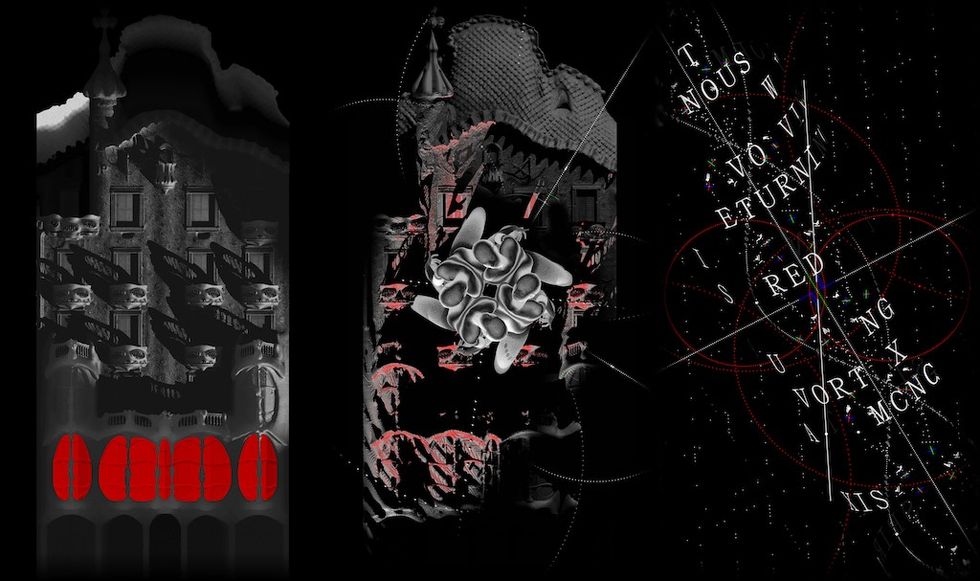 Hidden Order projection mapping at Casa Batll\u00f3 - Complex digital collage with architecture, skulls, and abstract text on a dark background.