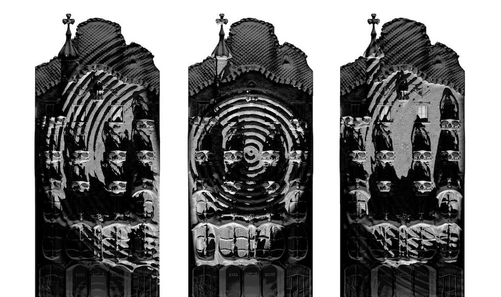 Hidden Order projection mapping at Casa Batll\u00f3 - Three abstract black-and-white architectural designs with spiral and mirrored patterns.