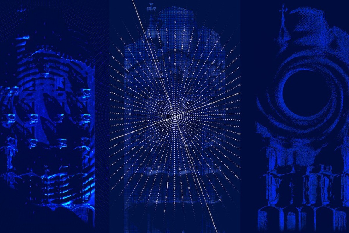Hidden Order projection mapping at Casa Batlló - Abstract blue-hued triptych with geometric and architectural patterns.
