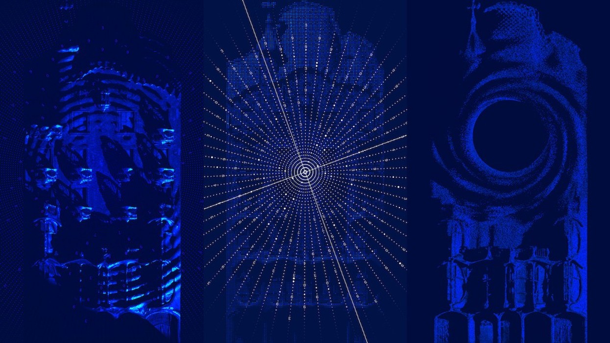 Hidden Order projection mapping at Casa Batlló - Abstract blue-hued triptych with geometric and architectural patterns.