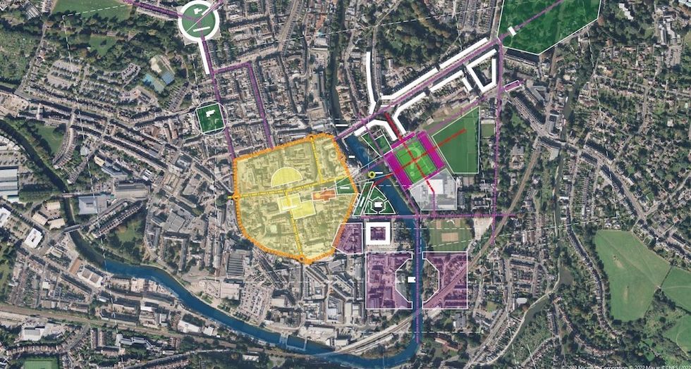 Historic analysis highlighting the Roman settlement (yellow), city walls (orange), and Georgian ensembles (white), their geometric hierarchy, and the positioning of the planned development