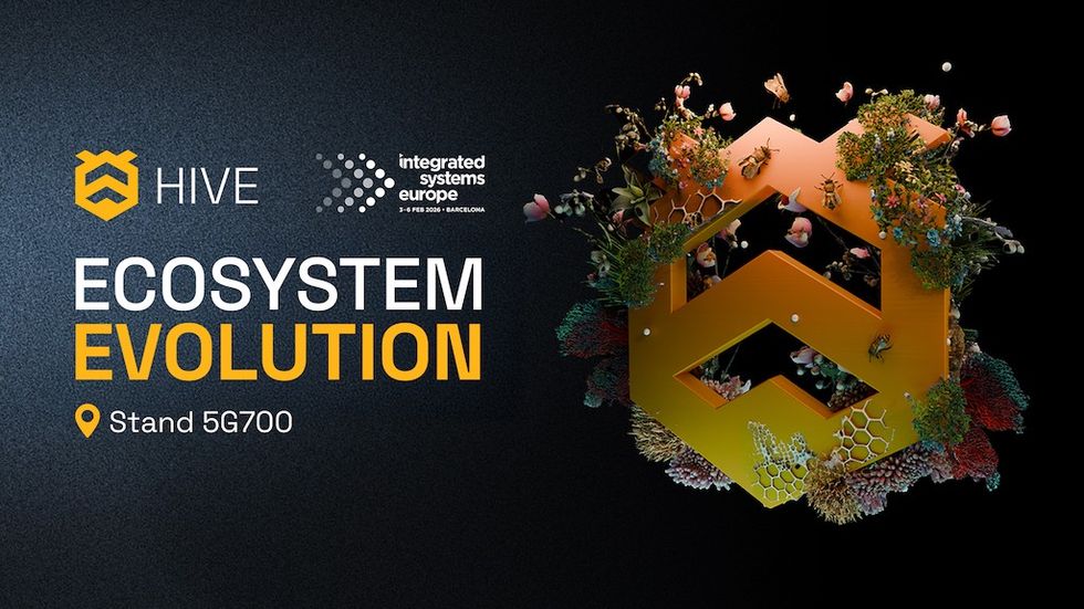 Hive logo and text "Ecosystem Evolution," booth at 5G700, Integrated Systems Europe 2025.
