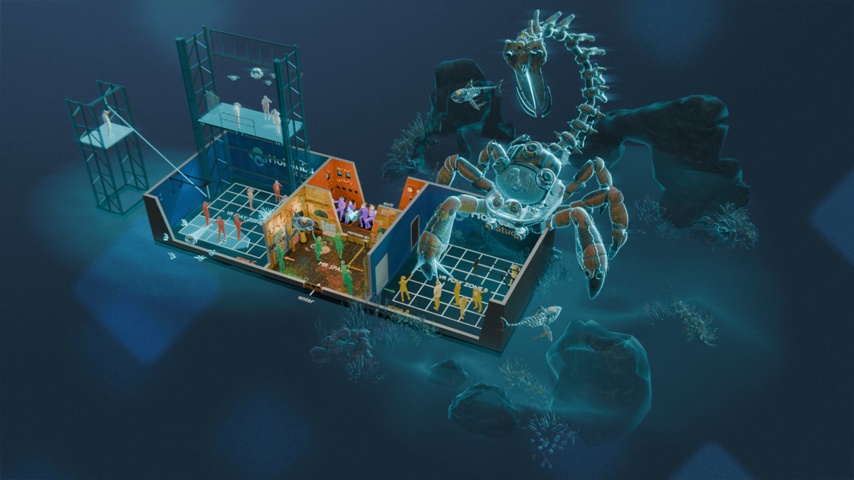Hololabs Studio: Futuristic underwater lab with a holographic scorpion and multiple sections.