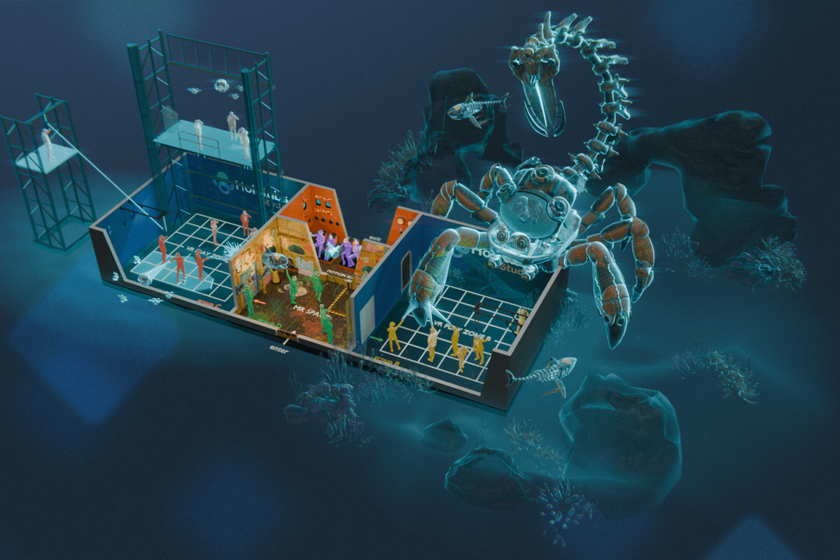 Hololabs Studio: Futuristic underwater lab with a holographic scorpion and multiple sections.