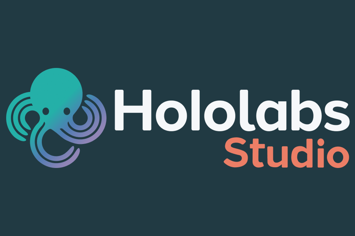 Hololabs Studio logo with an abstract octopus design on a dark background.
