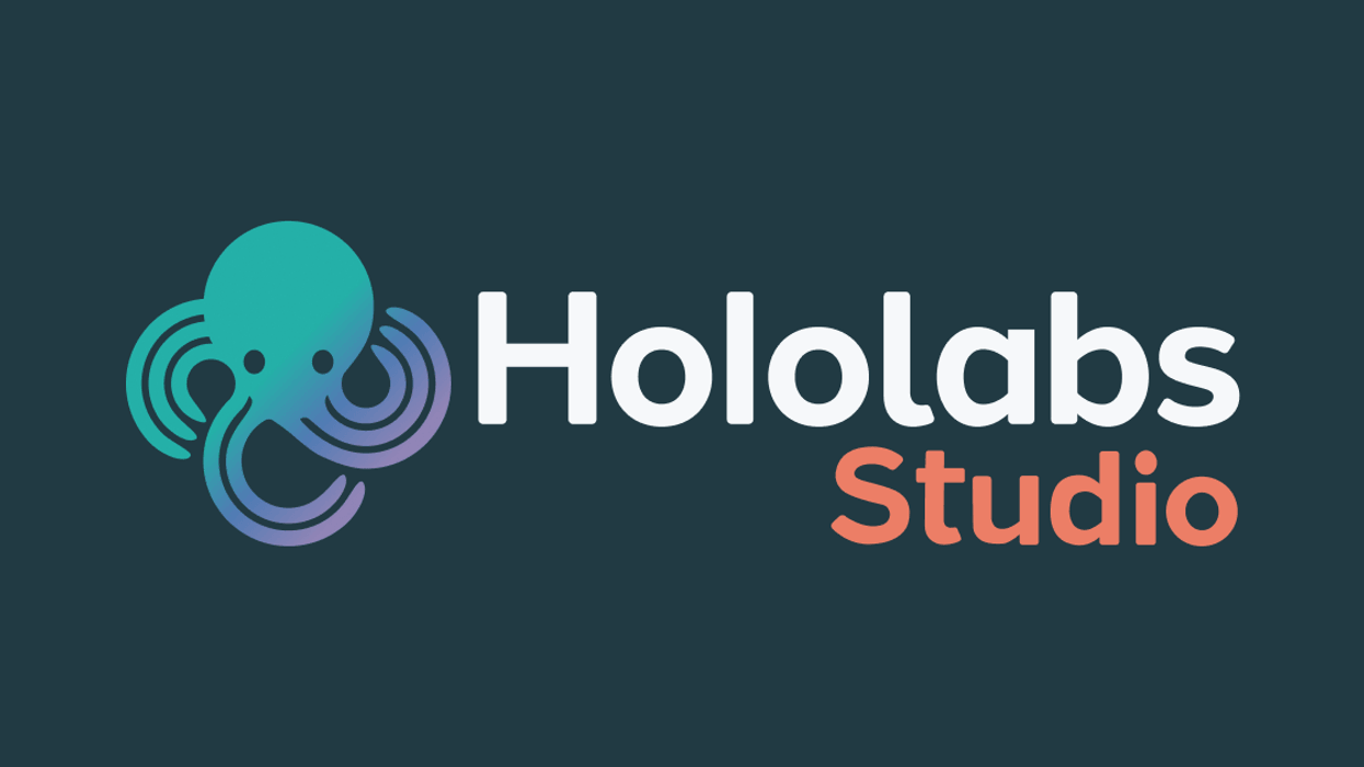 Hololabs Studio logo with an abstract octopus design on a dark background.