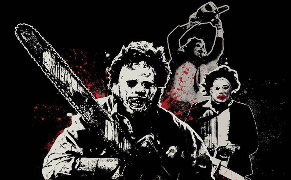 Horror-themed collage featuring figures with chainsaws and blood splatters.