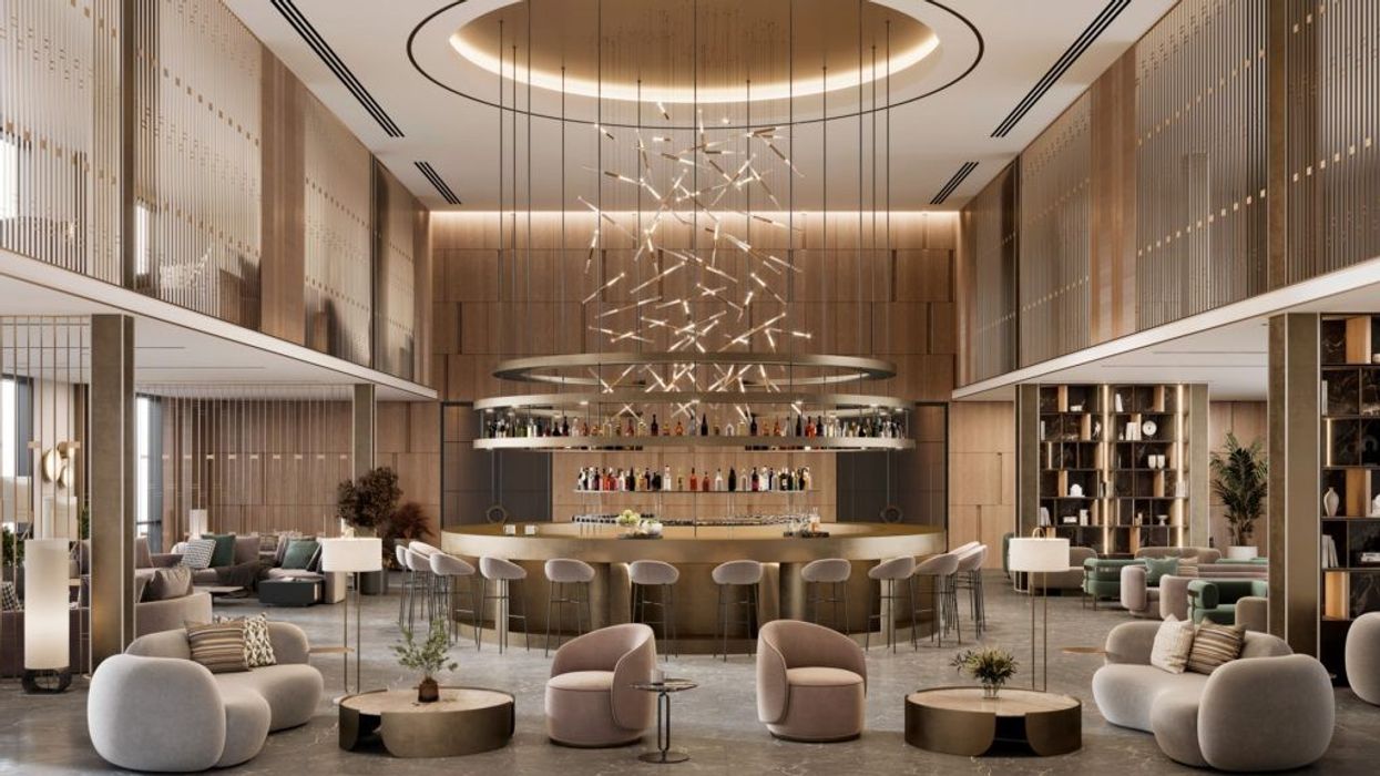 Hotel Bar with chandelier and seating area. HRDS
