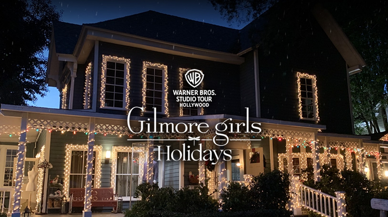 House with holiday lights, "Gilmore Girls Holidays" text, Warner Bros. Studio Tour overlay.