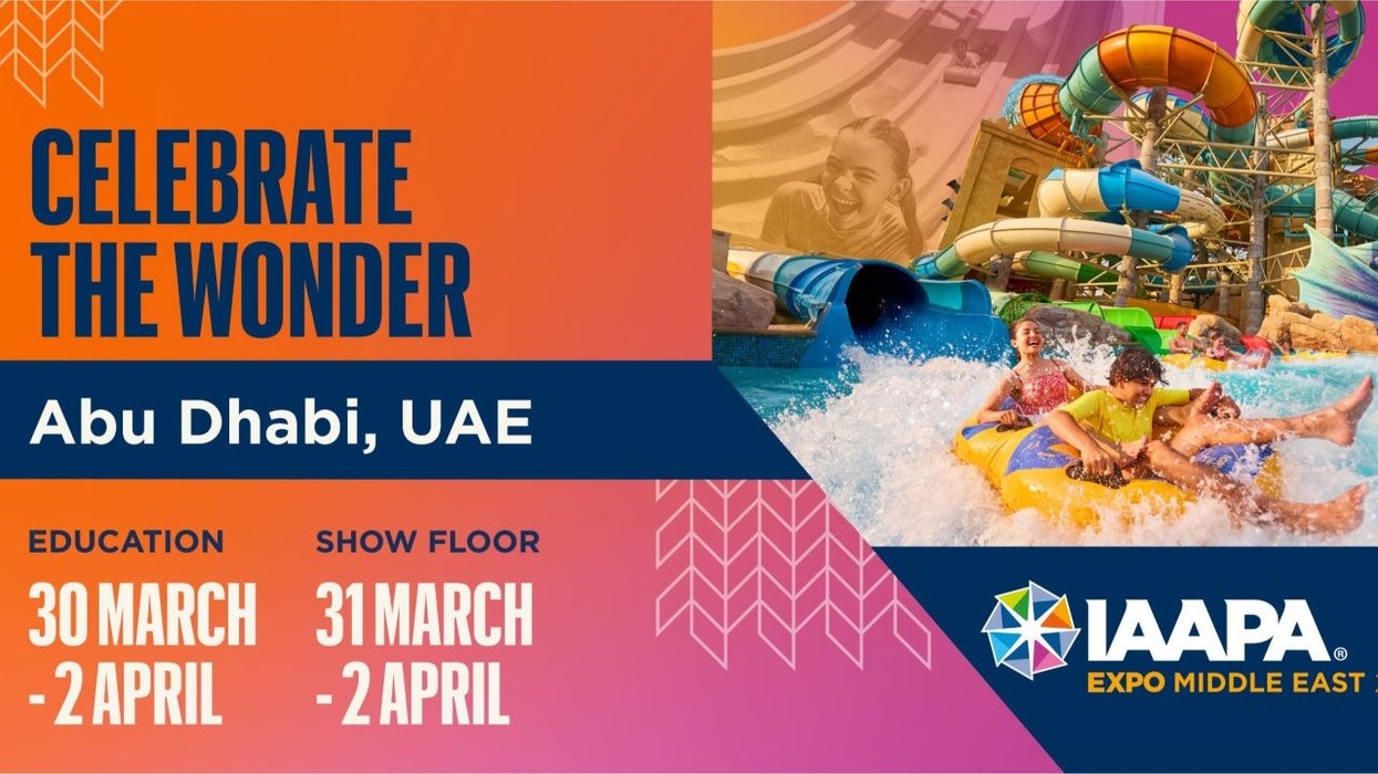IAAPA Expo Middle East 2026, Abu Dhabi, with water slides and dates: 30 March - 2 April.