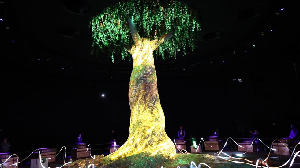Illuminated tree sculpture at La Serre des Mondes with glowing branches in a dark room.