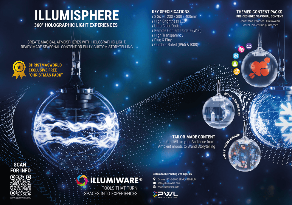 Illumisphere ad showcasing 360\u00b0 holographic lights and themed content packs.
