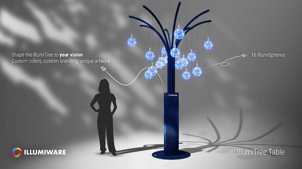 IllumiTree with glowing spheres; silhouette of person for scale and branding text.
