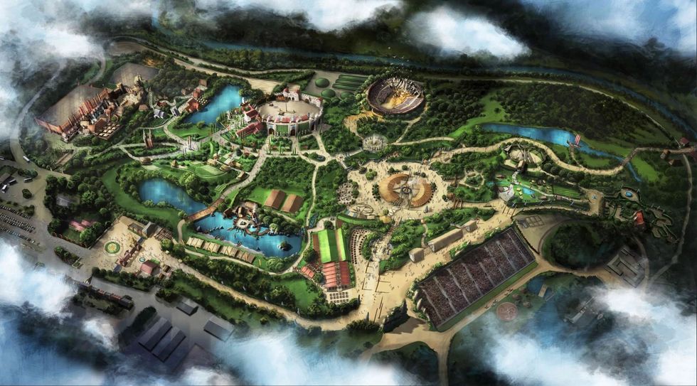 Illustrated aerial view of a theme park called Kynren with lakes and arenas surrounded by trees.