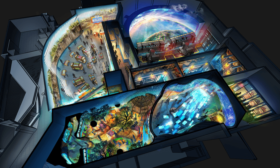 Illustrated museum exhibit layout with interactive and aquarium sections.