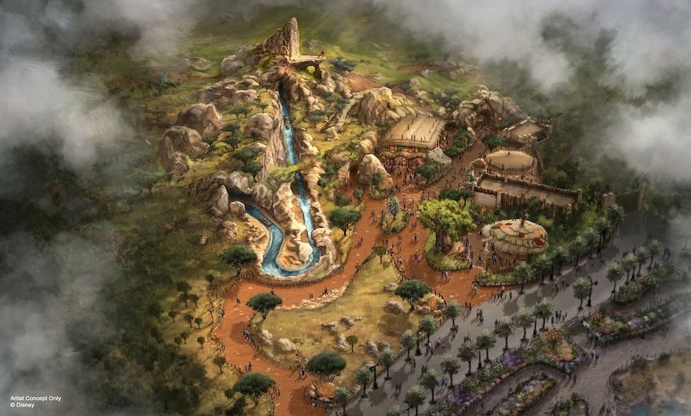 Illustrated theme park concept for Lion King land at Disneyland Paris with water ride, rocky terrain, and clustered buildings.