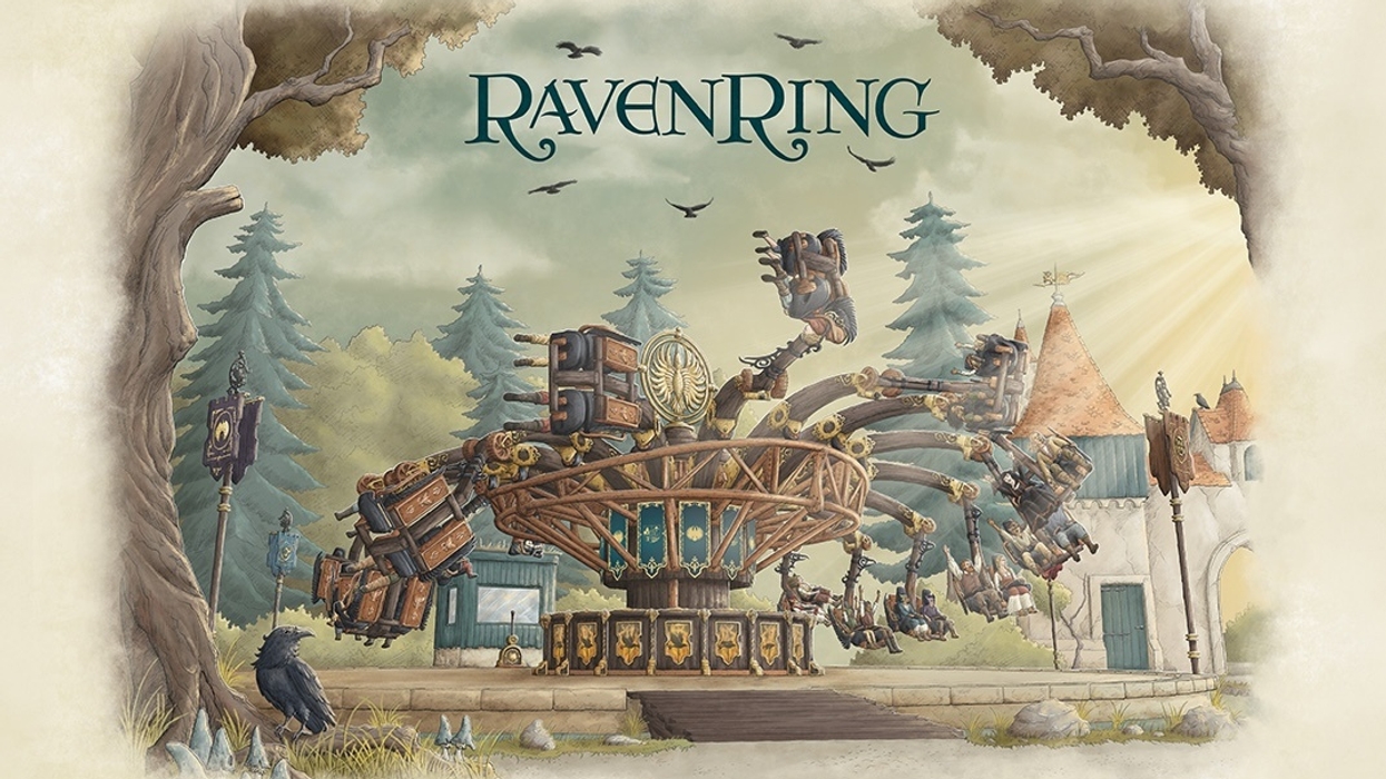 Illustrated theme park ride Ravenring at Efteling with trees, ravens, and a fantasy castle backdrop.