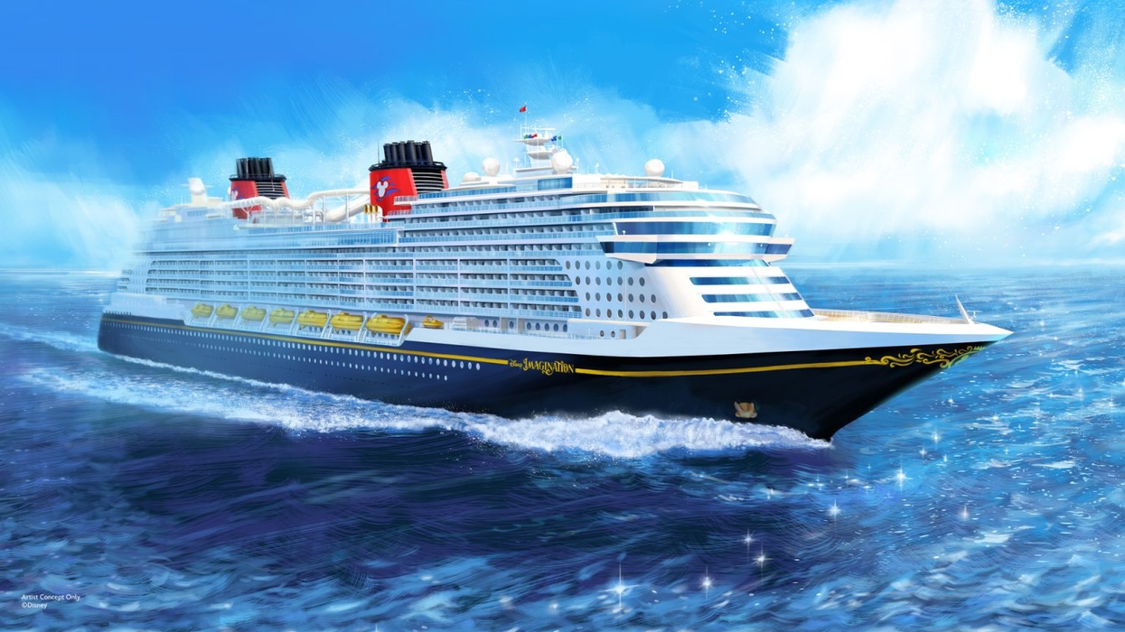 Illustration of a large cruise ship sailing under a clear blue sky.
