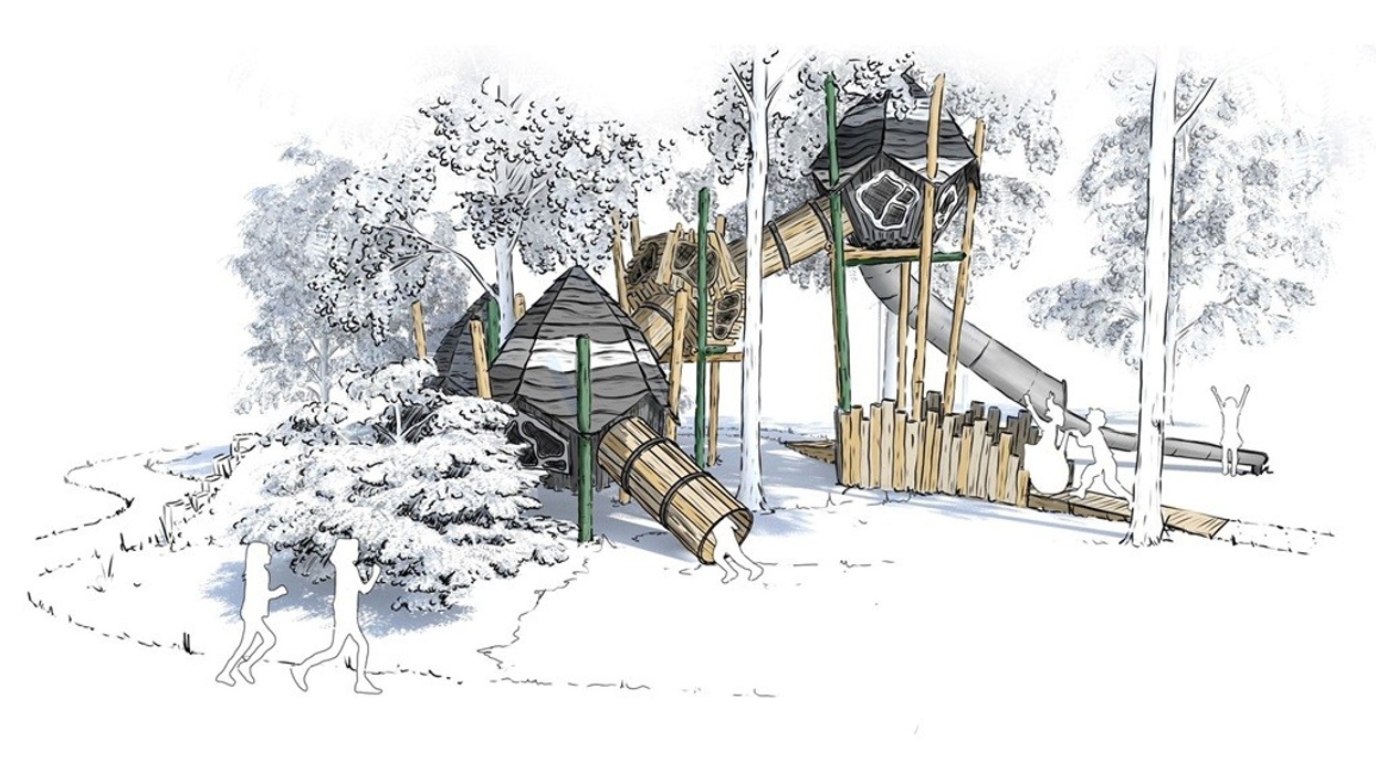 Illustration of a playground with slides, tunnels, and children playing among trees.