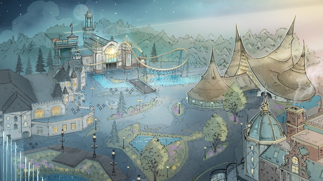Illustration of Efteling with whimsical buildings and glowing pathways at night.