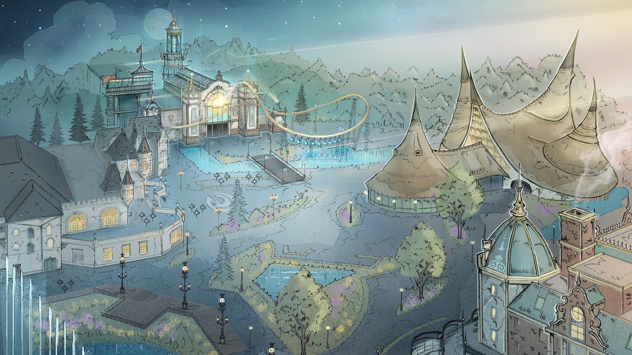 Illustration of Efteling with whimsical buildings and glowing pathways at night.