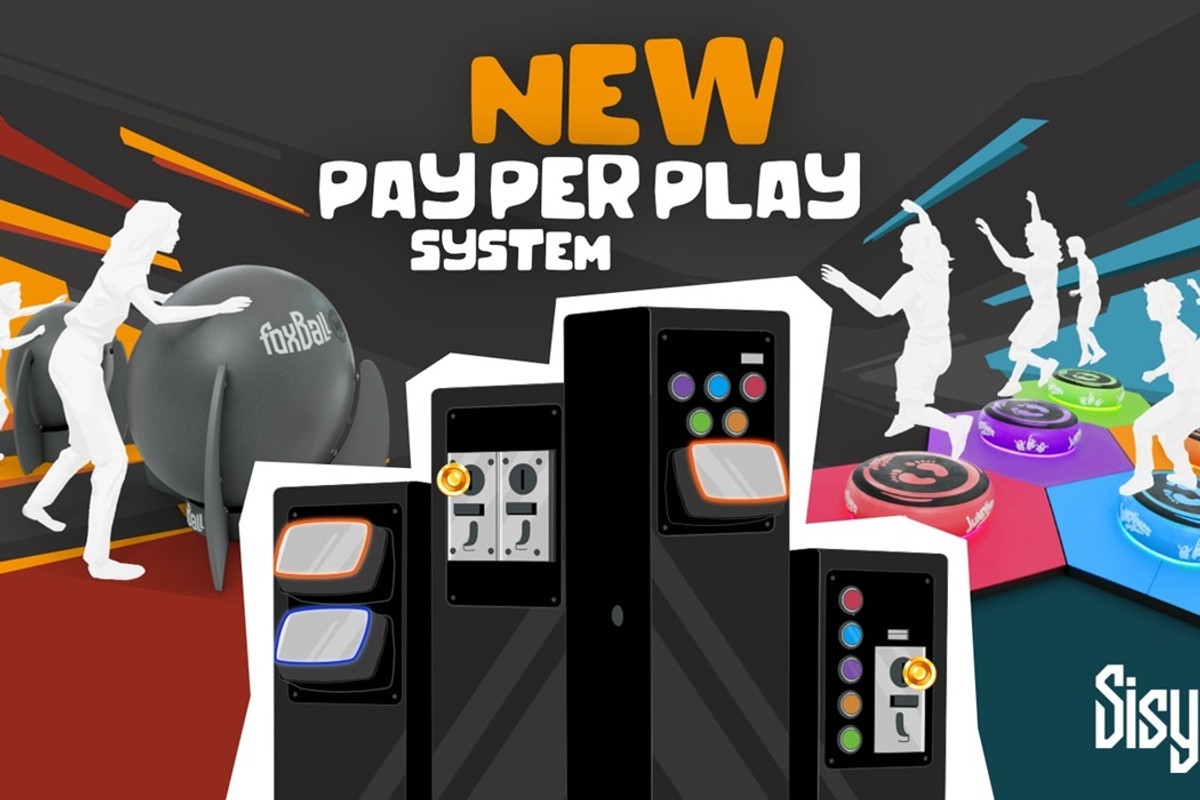 Illustration of the "New Pay Per Play System" from SisyFox with gaming equipment and active players.