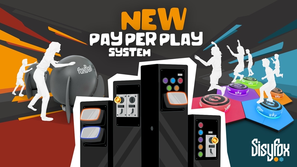 Illustration of the "New Pay Per Play System" from SisyFox with gaming equipment and active players.