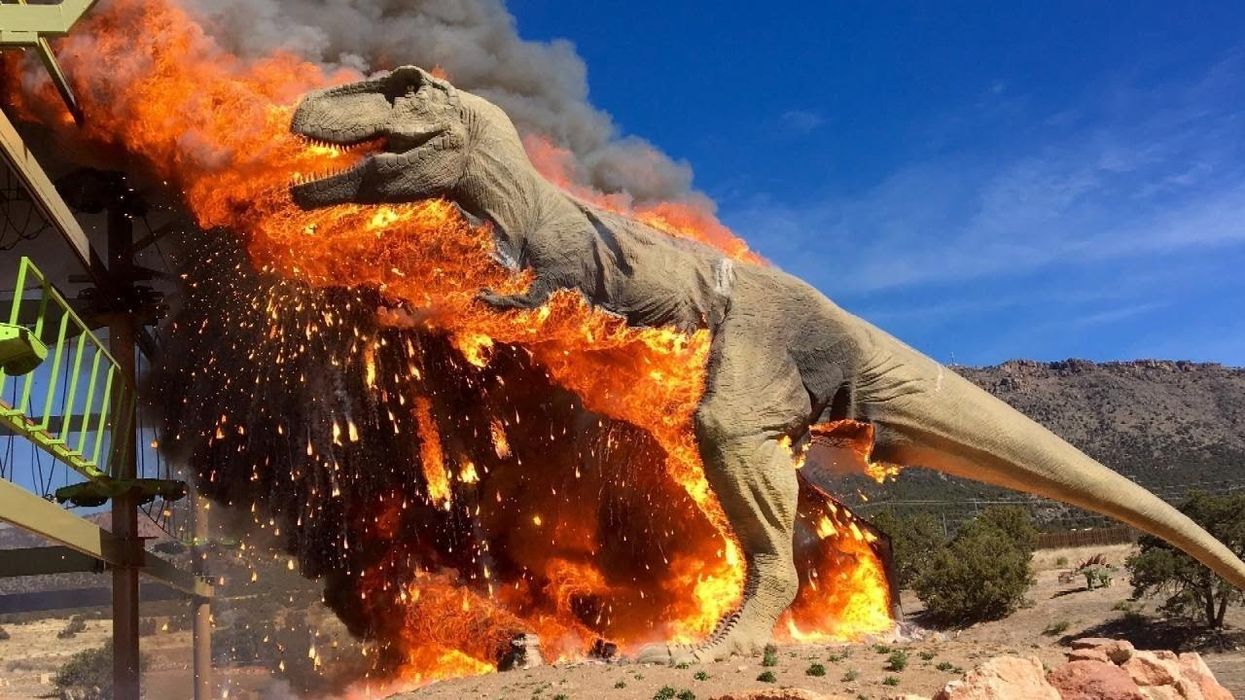 Life size T Rex statue bursts into flames at theme park