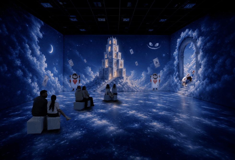 Immersive Alice in Wonderland experience with surreal, dreamy sky and giant playing cards.