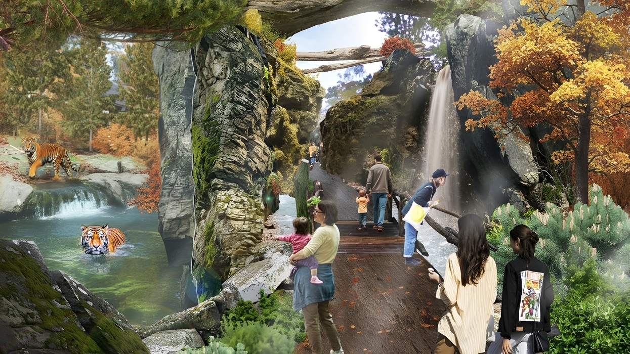 Impression of Forests of Asia at Odense Zoo, people walking on a forest path with tigers swimming in a nearby stream.